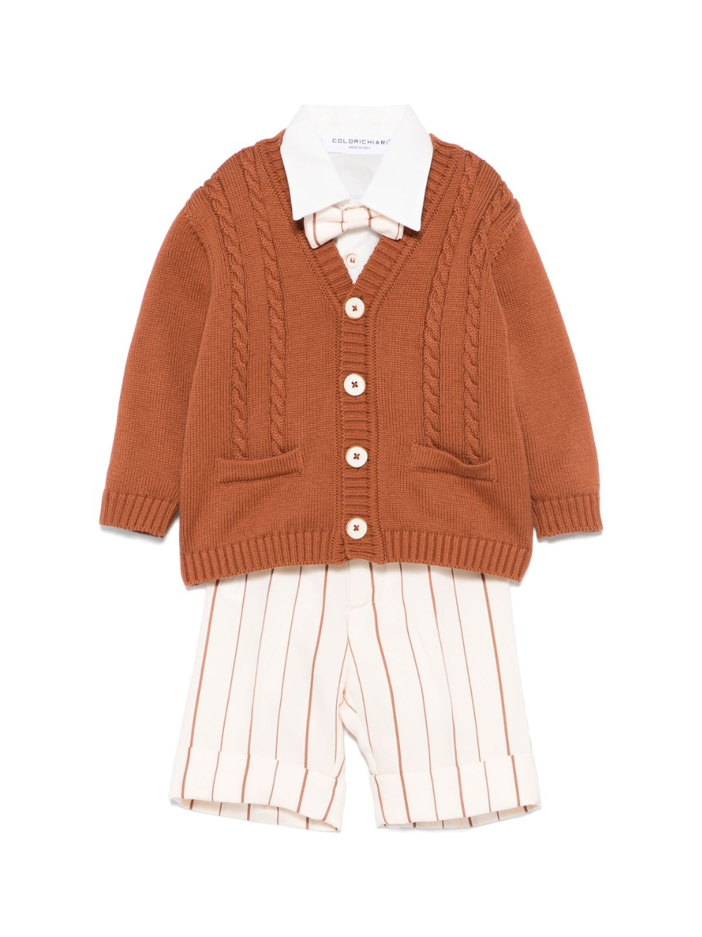 Set cardigan, camicia e shorts per neonato Colorichiari marrone e beige a righe MN408122 4776 28 COLORICHIARI 