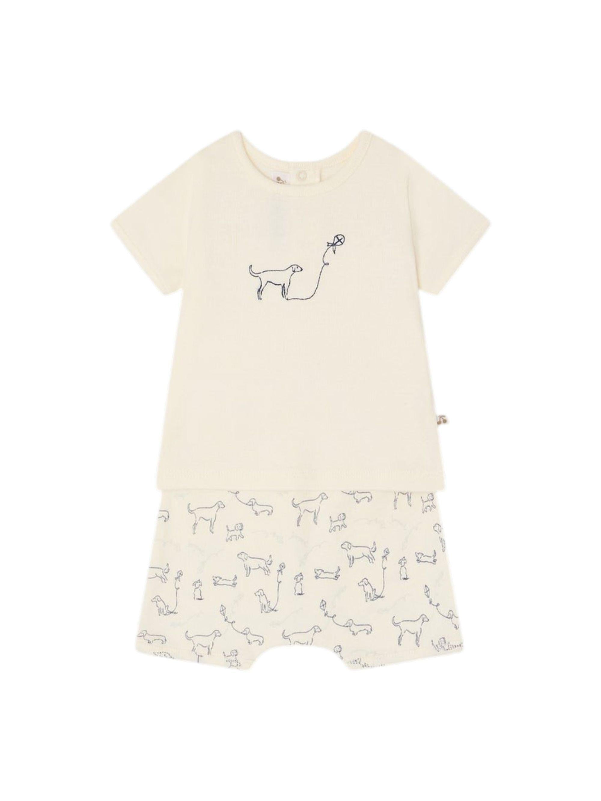 Set Fanilo t-shirt e shorts per neonati Bonpoint beige con stampa cagnolino S06ONIK00012 676 BONPOINT KIDS 