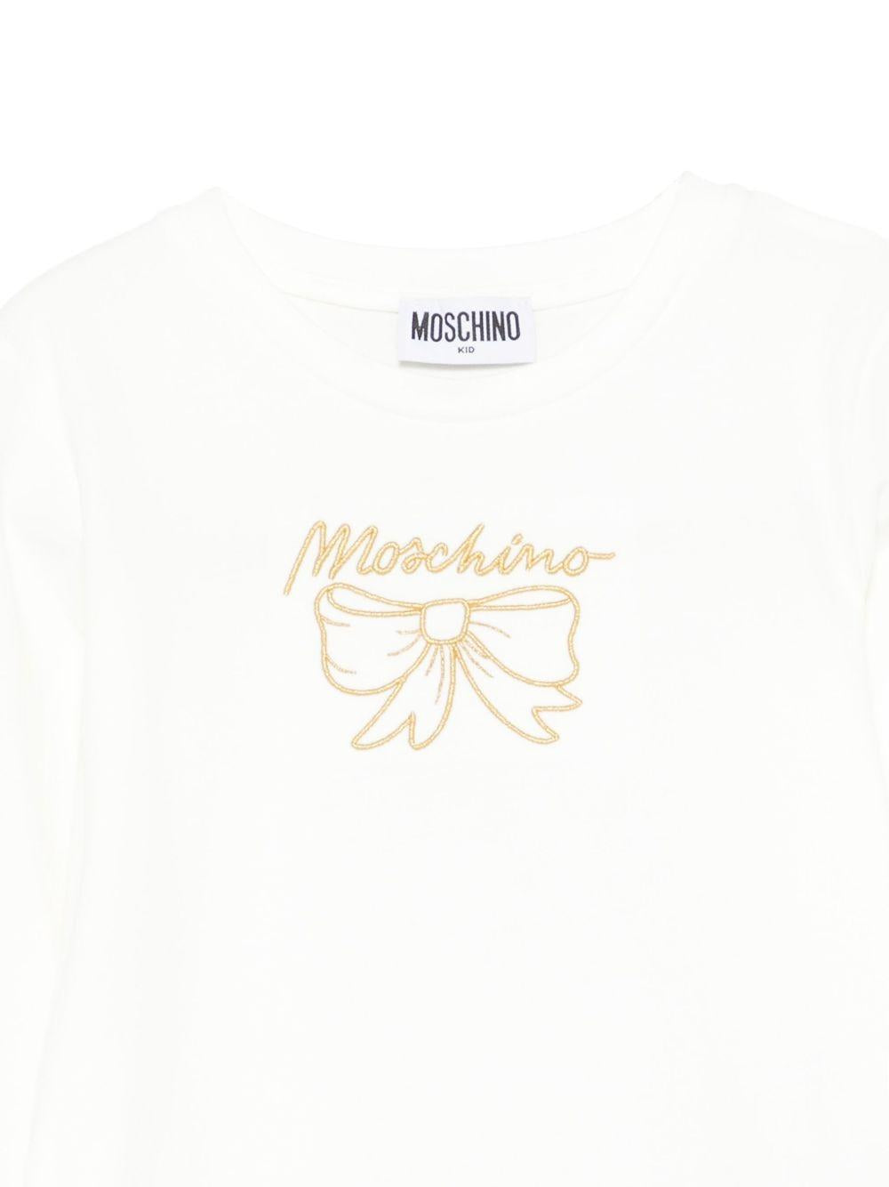 T-shirt per bambina Moschino Kids bianca con ricamo con fiocco HDO012LBA10 10063 MOSCHINO KIDS 
