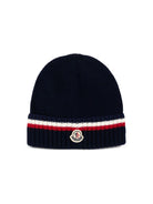 Berretto per bambino Moncler Enfant blu a righe con applicazione L29543B00001M4281 745 MONCLER KIDS 