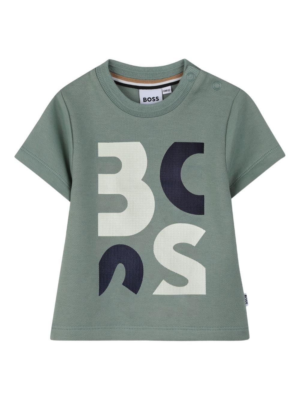 T-shirt per neonato Boss Kids verde con stampa logo sul davanti J52885 64U BOSS KIDS 