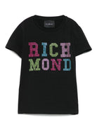 T-shirt per bambina John Richmond Junior nero con logo e orlo dritto RGP25205TS BLACK JOHN RICHMOND KIDS 
