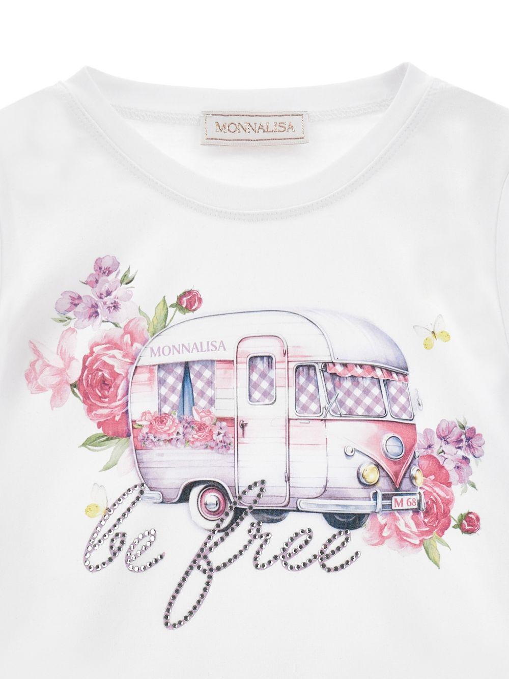 T-shirt per bambina Monnalisa bianca con grafica e decorazioni in strass 19G602 7001 0099 MONNALISA KIDS 
