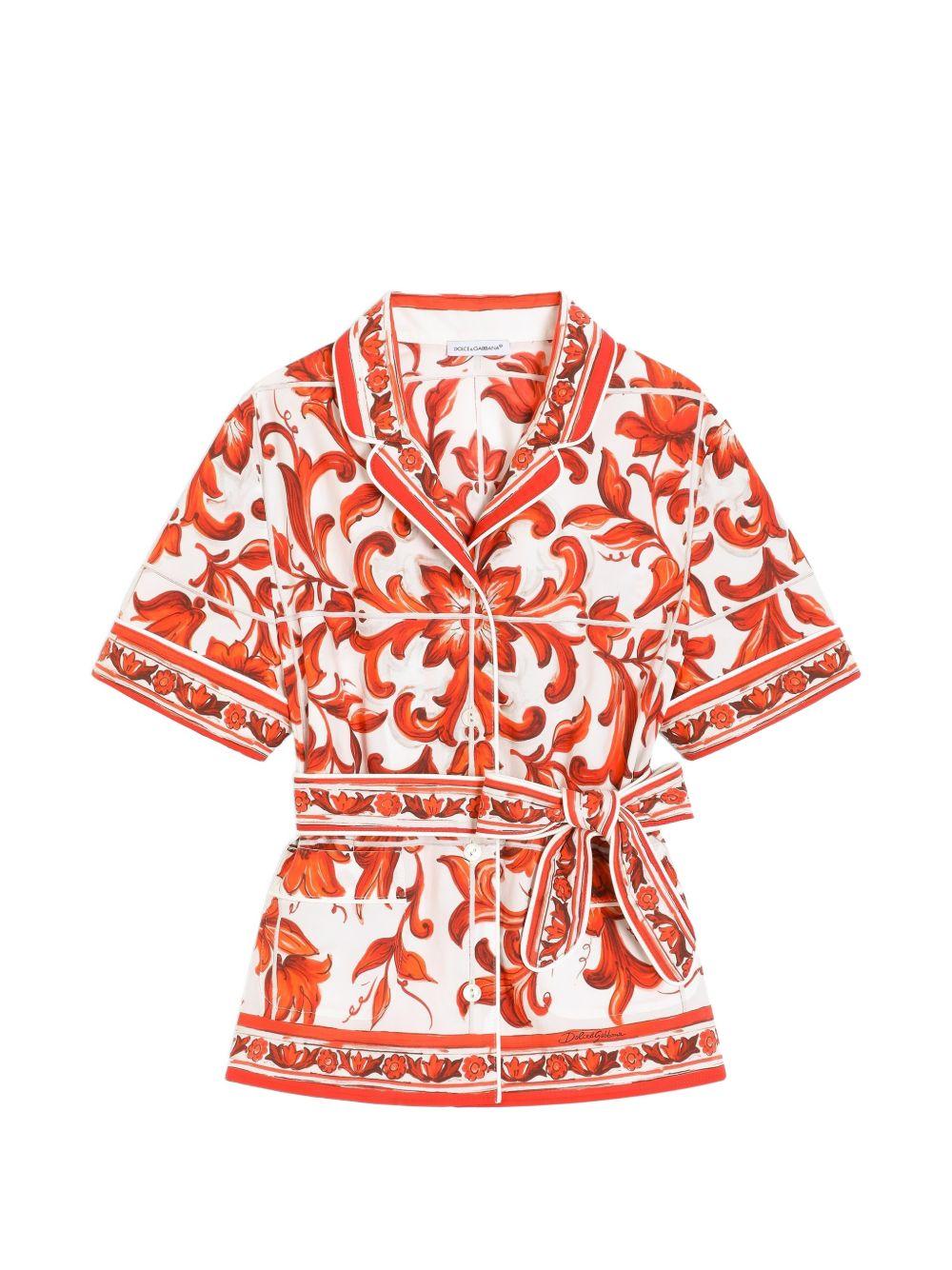 Camicia Vanity per bambina Dolce & Gabbana Kids bianca e arancione in popeline con stampa maiolica L56S07 G7P4J IH3TN DOLCE & GABBANA KIDS 