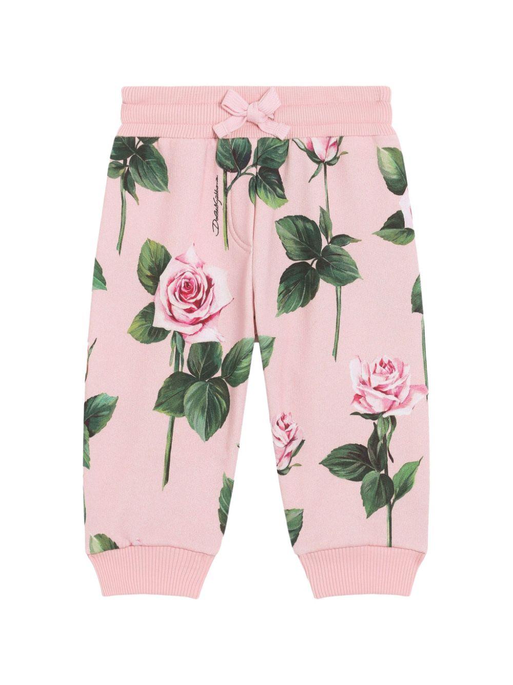 Pantaloni a fiori per neonata Dolce & Gabbana Kids rosa con orli a coste L2JPC9 HS7P1 HF5IZ DOLCE & GABBANA KIDS 