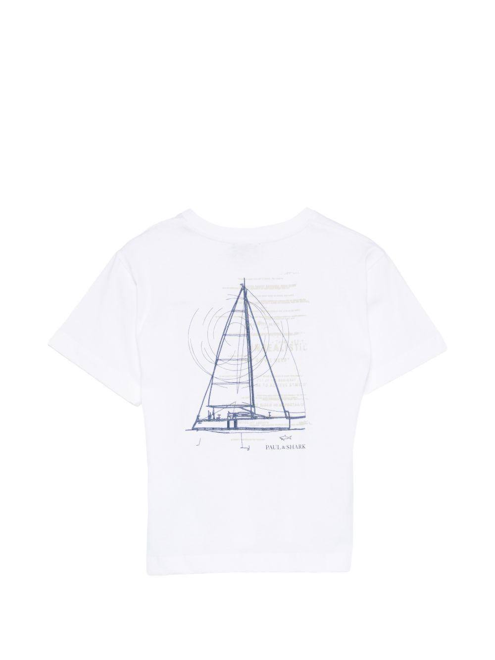 T-shirt per bambino Paul & Shark Kids bianca con stampa grafica sul retro WOM00GLAA54 10101 PAUL & SHARK KIDS 