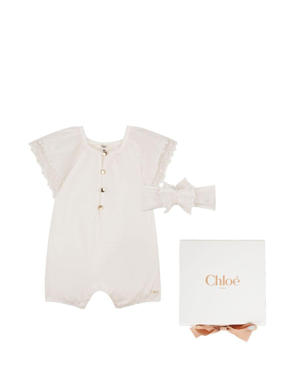 Tuta corta e fascia per capelli per neonata Chloé Kids bianche con bordo in pizzo C20928 117 CHLOE' KIDS 