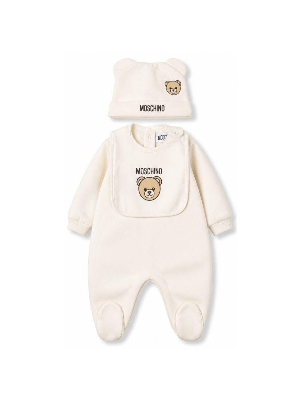 Set tutina, berretto e bavaglino per neonati Moschino Kids bianco con stampa Teddy Bear MUY09PLCA40 10063 MOSCHINO KIDS 