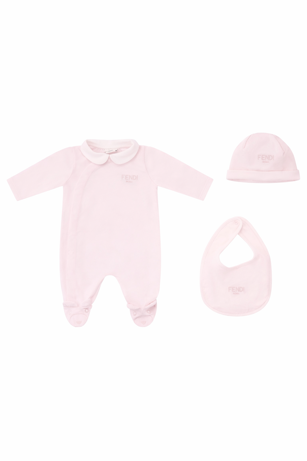 Set tre pezzi per neonata Fendi Kids rosa con logo Fendi sul davanti BUK154 ST8 F0C11 FENDI KIDS 