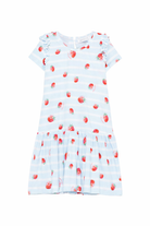Abito per bambina Monnalisa azzurro con stampa fragole all-over 31G917 7616 5244 MONNALISA KIDS 