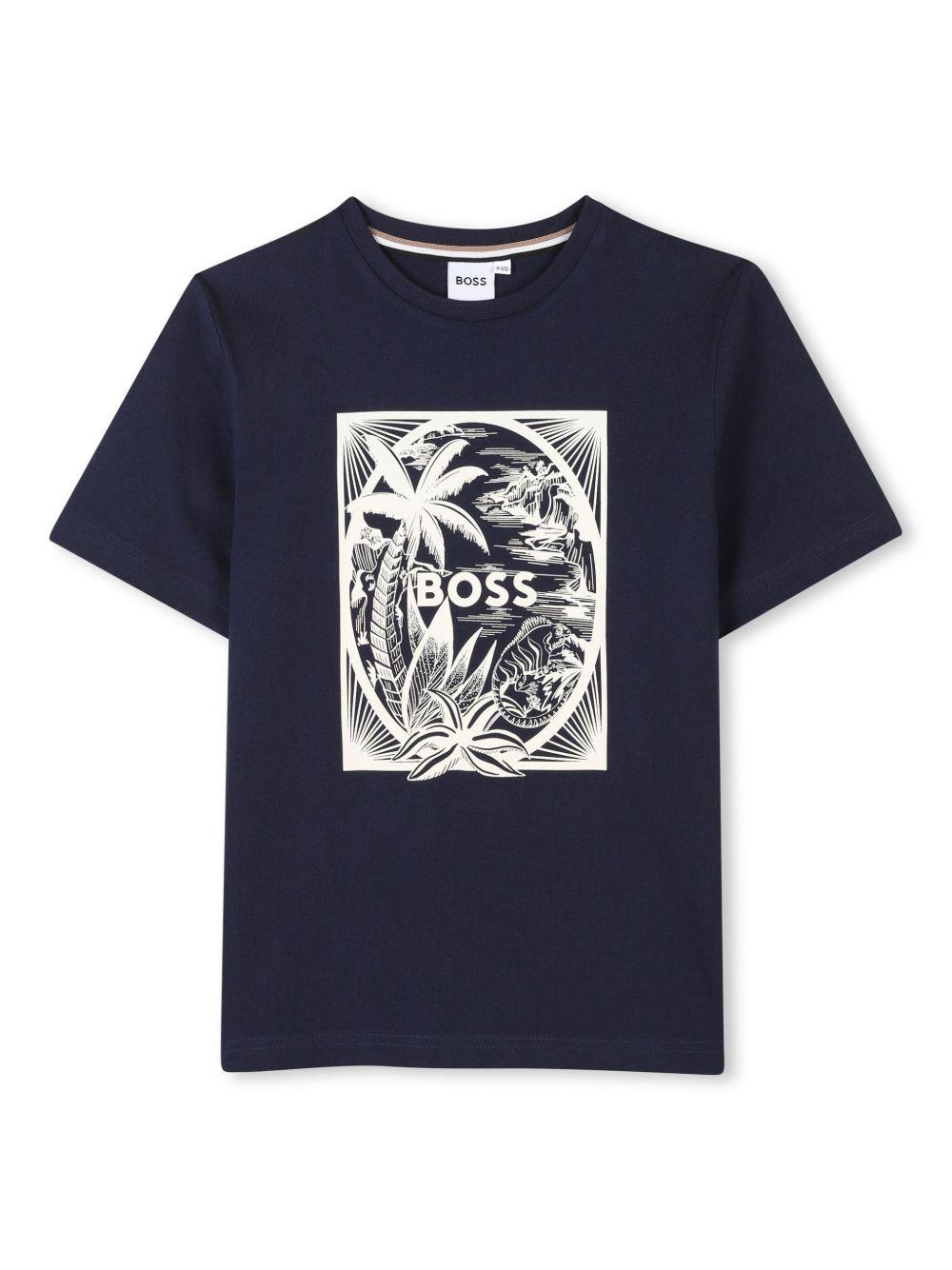 T-shirt con stampa per bambino BOSS Kidswear blu con mini targhetta logo J52050 849 BOSS KIDS 
