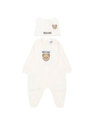 Set tutina, berretto e bavaglino per neonati Moschino Kids bianco con stampa Teddy Bear MUY09PLCA40 10063 MOSCHINO KIDS 