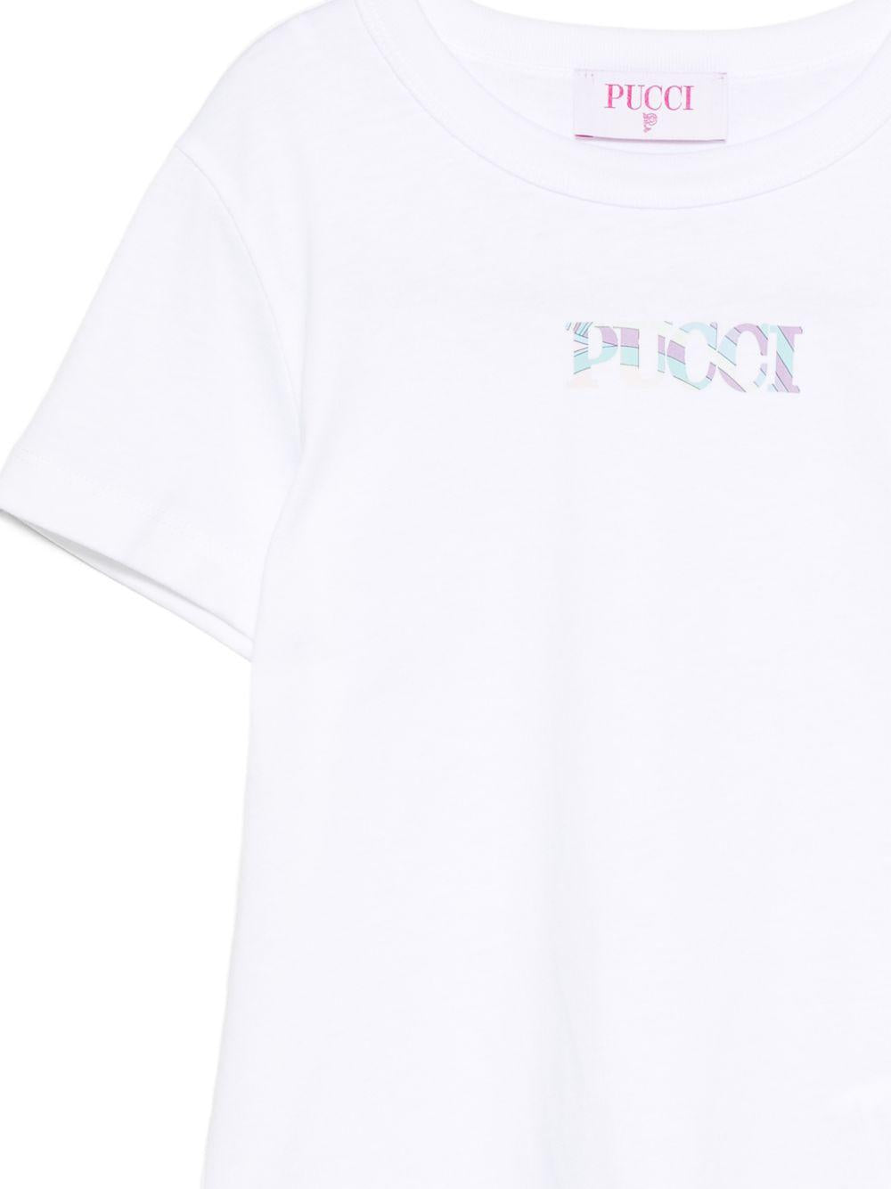 T-shirt per bambina Emilio Pucci Junior bianca con dettaglio logo con motivo Iride PZ8A21 Z3672 100 EMILIO PUCCI KIDS 