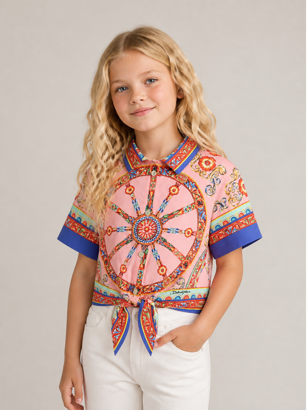 Camicia per bambina Dolce & Gabbana Kids rosa con stampa Carretto Siciliano L54S05 FI5O1 HF6CK DOLCE & GABBANA KIDS 