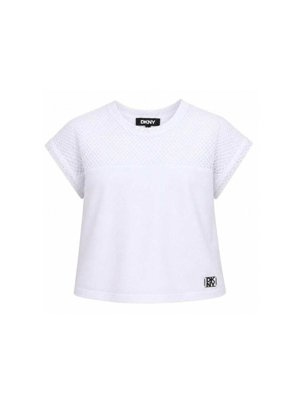 T-shirt per bambina Dkny Kids bianca con inserti in rete D62628 10P DKNY KIDS 
