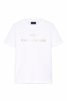 T-shirt per bambino Paul & Shark Kids bianca con logo dorato sul davanti WUM00DLAA53 10101 PAUL & SHARK KIDS 