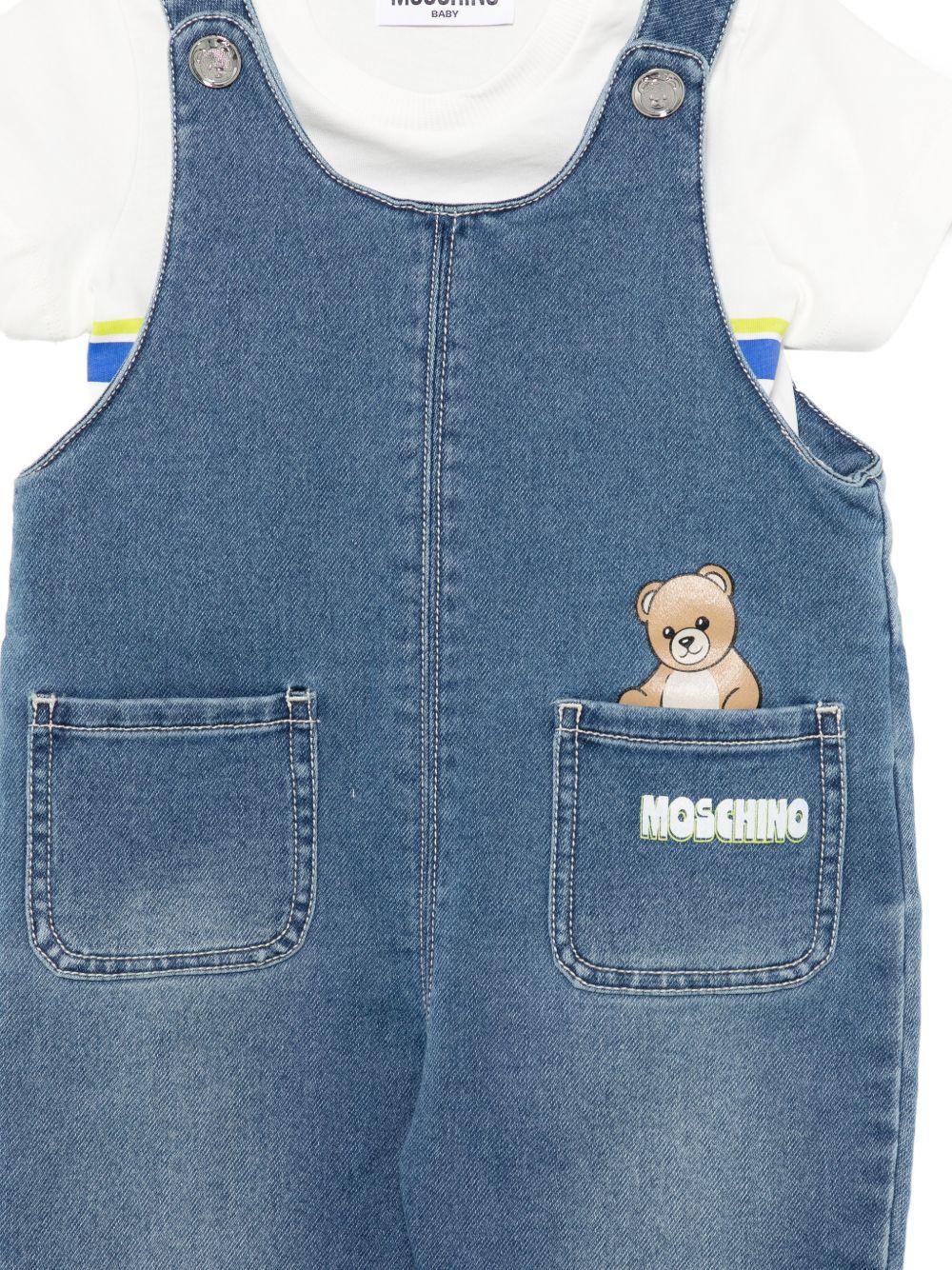Set t-shirt e salopette per neonato Moschino Kids denim con orsetto sul davanti MUG01PLDE17 83454 MOSCHINO KIDS 