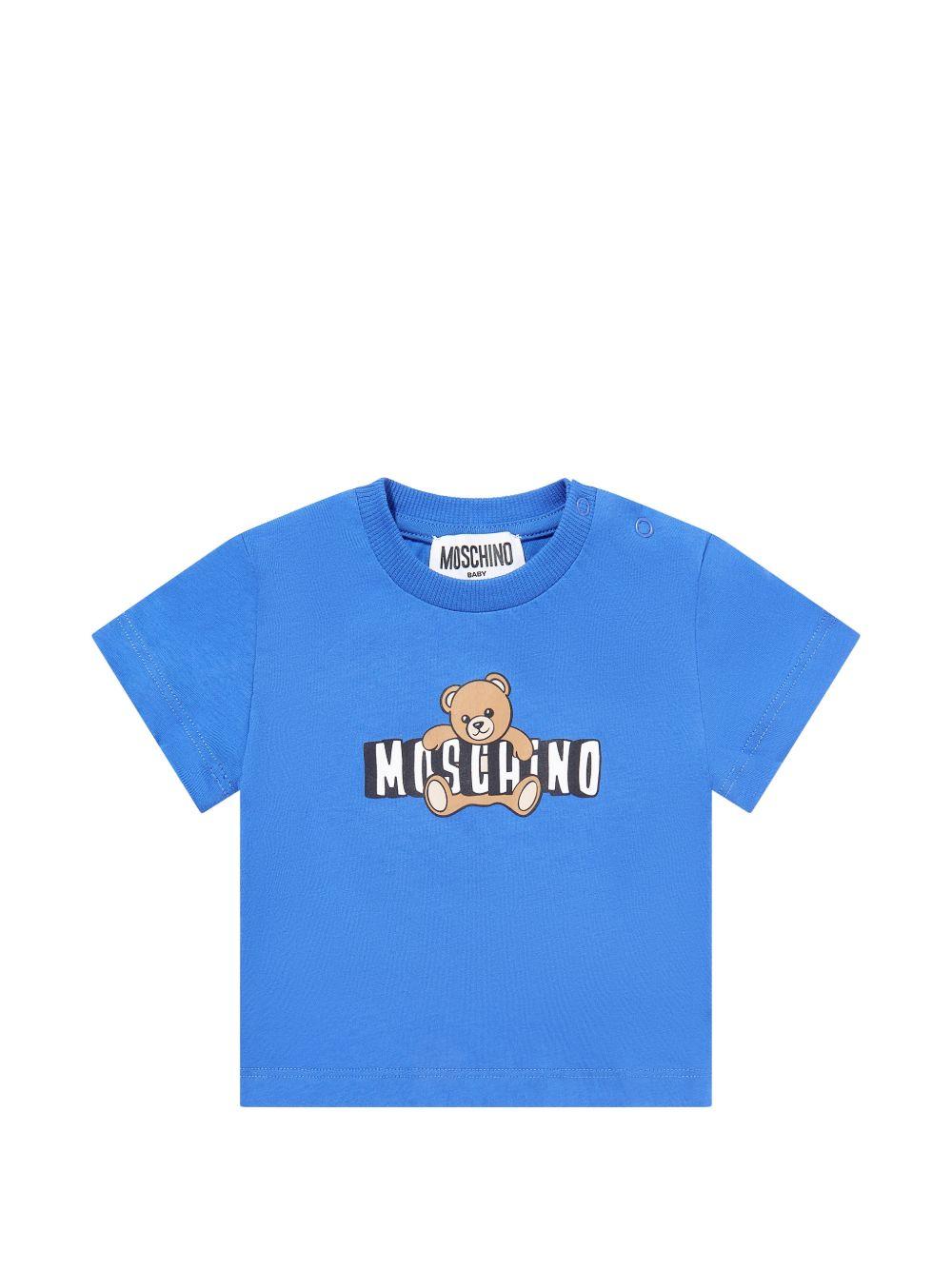 T-shirt per neonati Moschino Kids blu con logo sul davanti MUM04PLAA03 40630 MOSCHINO KIDS 