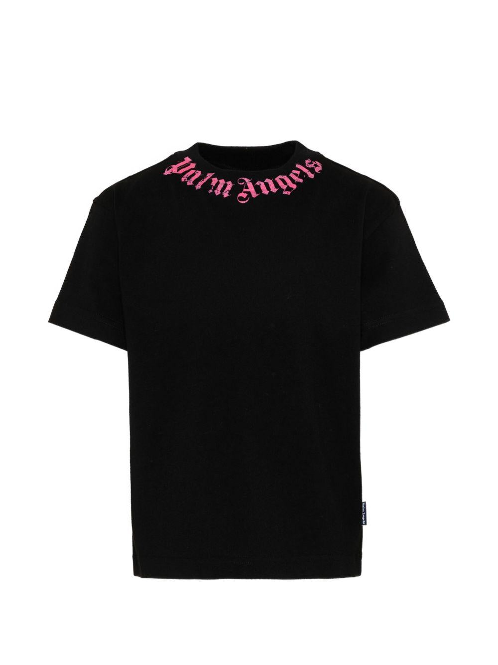 T-shirt per bambina Palm Angels Kids nera con logo fucsia sul davanti PGAA002S26JER005 110 PALM ANGELS KIDS 