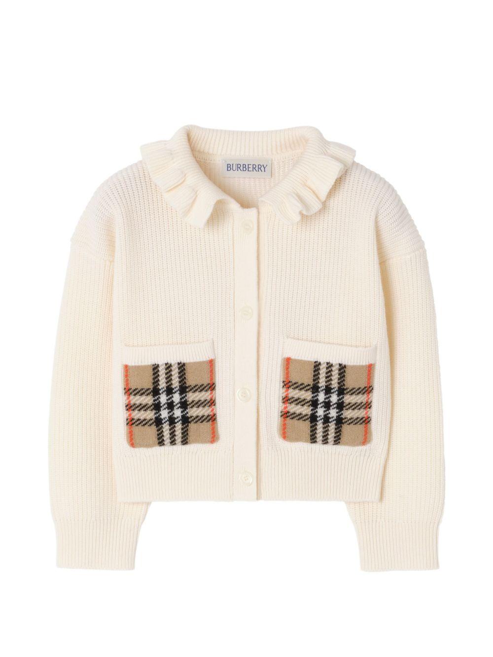Cardigan per neonata Burberry Kids bianco con inserti con motivo Vintage Check 8121263 A1452 BURBERRY KIDS 