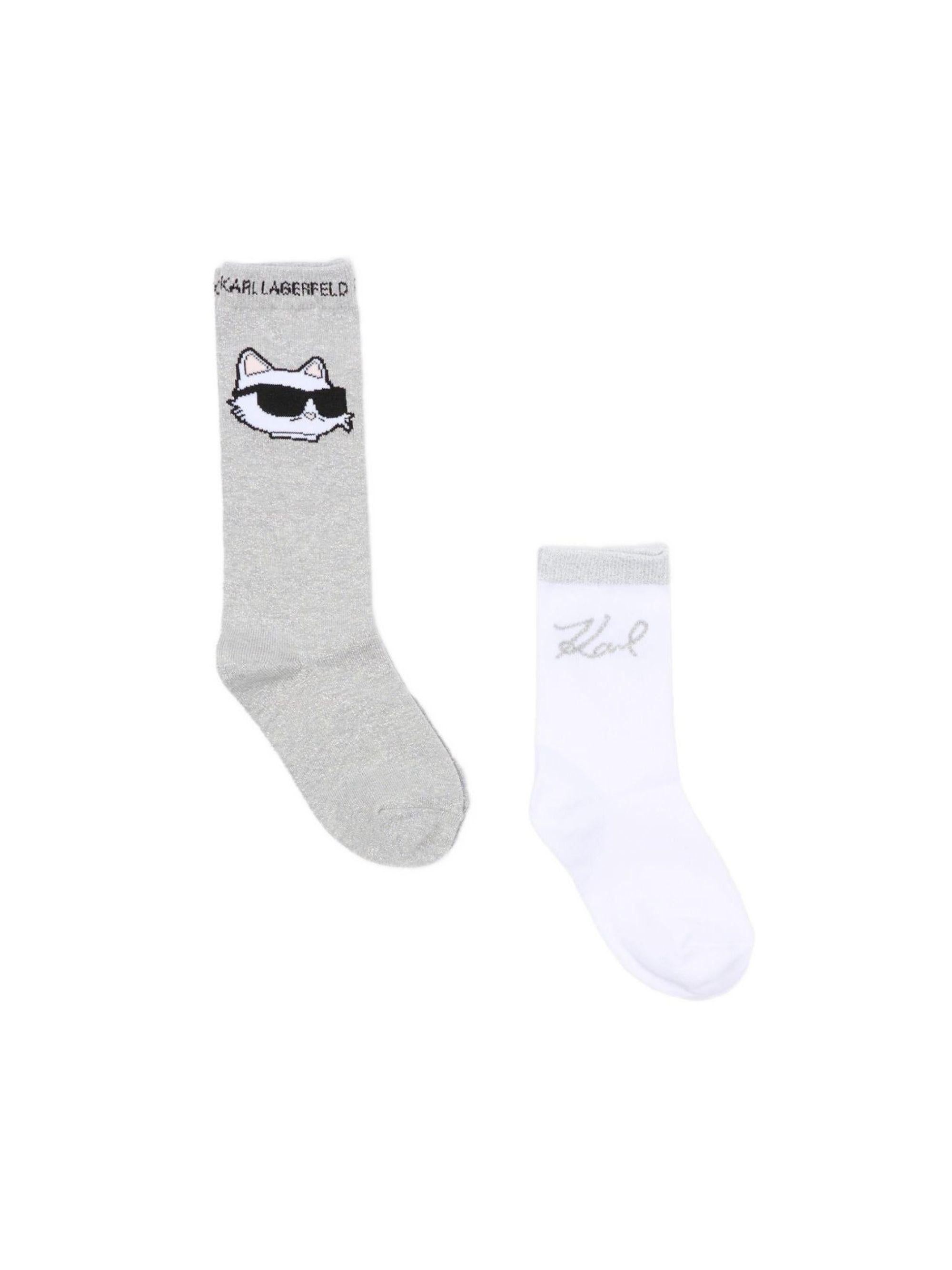Calzini per bambina Karl Lagerfeld Kids bianco e grigio con stampa di gatti (set di due) Z31205 016 KARL LAGERFELD KIDS 