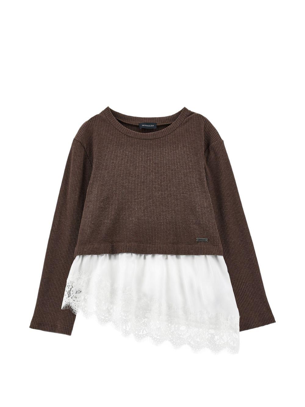 Maglione per bambina Monnalisa Kids marrone con rifinitura in pizzo 41H607 8214 0006 MONNALISA KIDS 