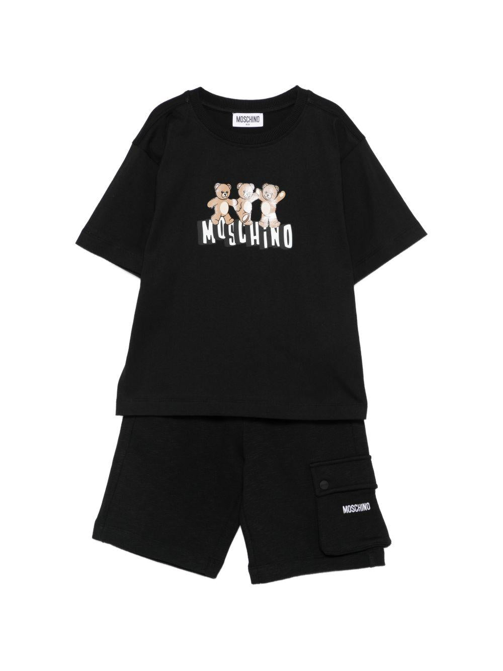 Set t-shirt e shorts per bambino Moschino Kids nero con tre Teddy Bear HUG00WLCA88 60100 MOSCHINO KIDS 