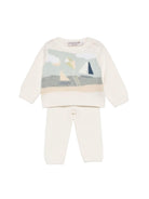 Completo due pezzi maglioncino e pantaloni per neonato Bonpoint beige con disegno ricamato S06OSEK00006 902 BONPOINT KIDS 