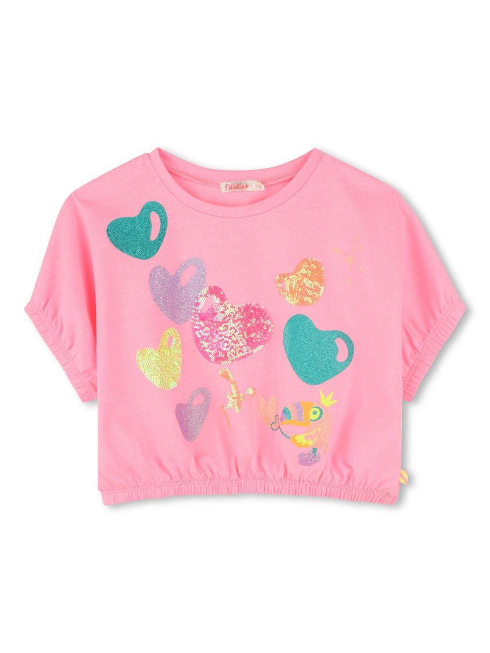 T-shirt con paillettes per bambina Billieblush rosa con motivo a cuori U20937 462 BILLIEBLUSH 