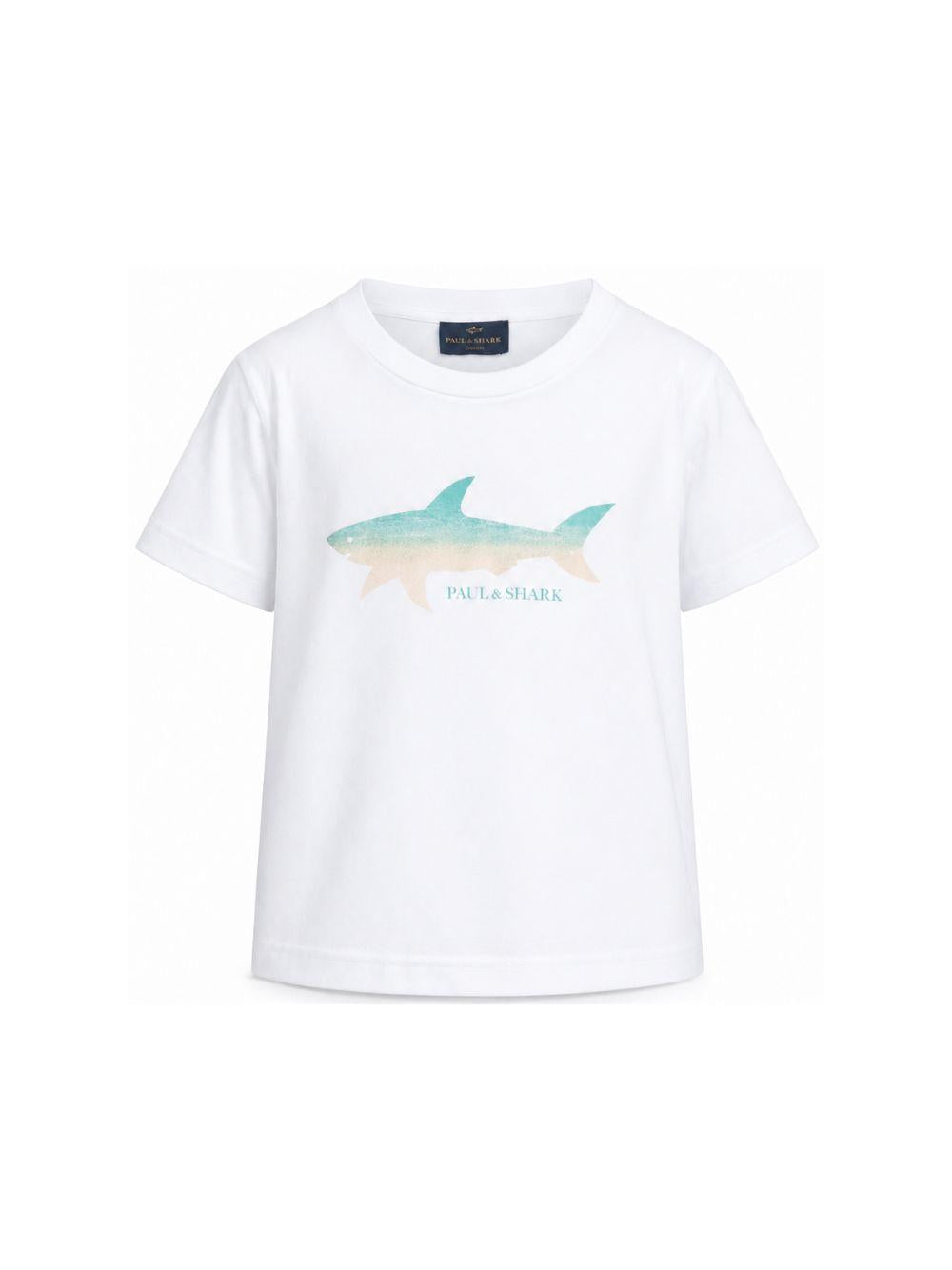 T-shirt per bambino Paul & Shark Kids bianca con stampa squalo sul davanti WUM00HLAA53 10101 PAUL & SHARK KIDS 