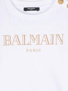 T-shirt con logo glitter per bambina Balmain Kids bianco con girocollo BV8B71 Z0082 100OR BALMAIN KIDS 