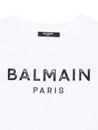 Abito con logo in rilievo per bambina Balmain Kids bianco con girocollo BW1B11 Z0082 100NE BALMAIN KIDS 