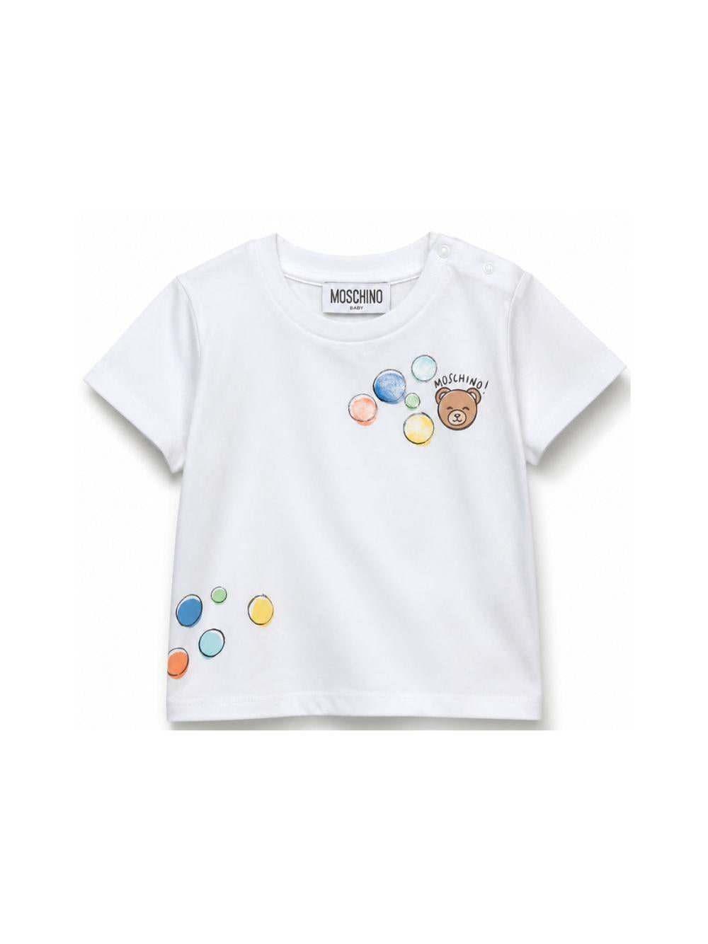 T-shirt per neonati Moschino Kids bianca con stampa orsetto e palloncini M5M047LAA03 10101 MOSCHINO KIDS 
