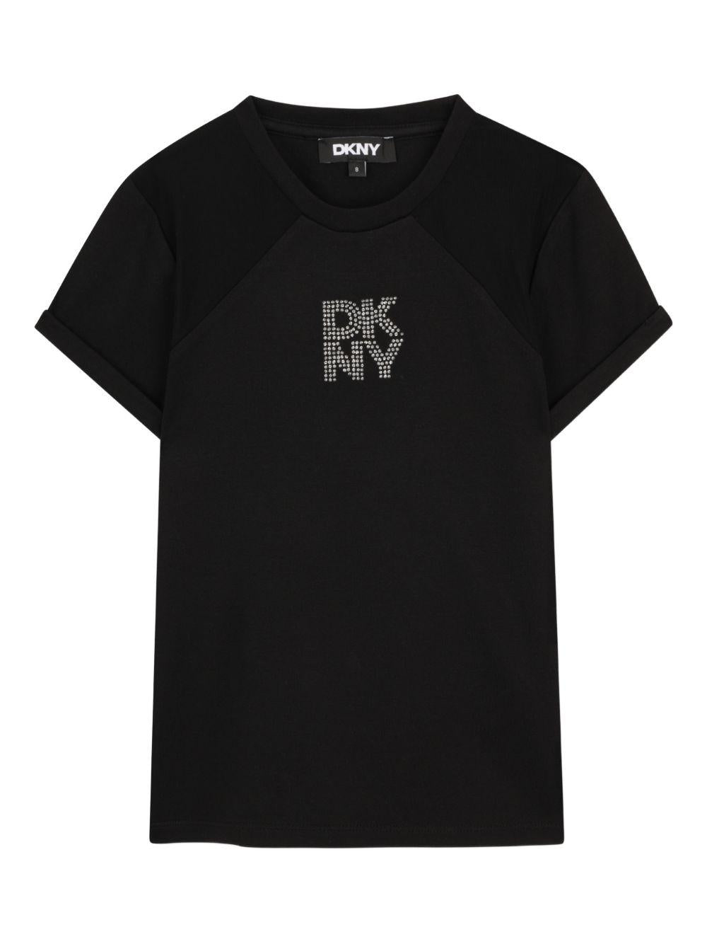 T-shirt per bambina Dkny Kids nera con logo con strass D62694 09B DKNY KIDS 