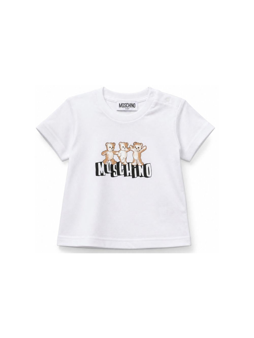 T-shirt per neonati Moschino Kids bianca con stampa tre Teddy Bear MUM04KLAA17 10101 MOSCHINO KIDS 