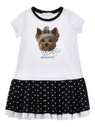 Abito per bambina Monnalisa bianco e nero con stampa cagnolina 19G919 7032 9950 MONNALISA KIDS 