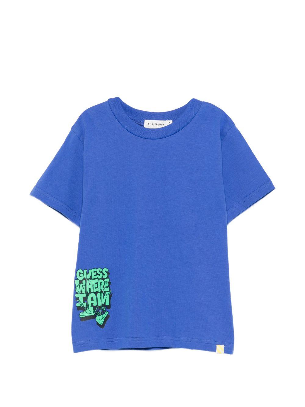 T-shirt per bambino Billieblush blu con scritta "Guess where I Am" sul davanti U21704 813 BILLIEBLUSH KIDS 