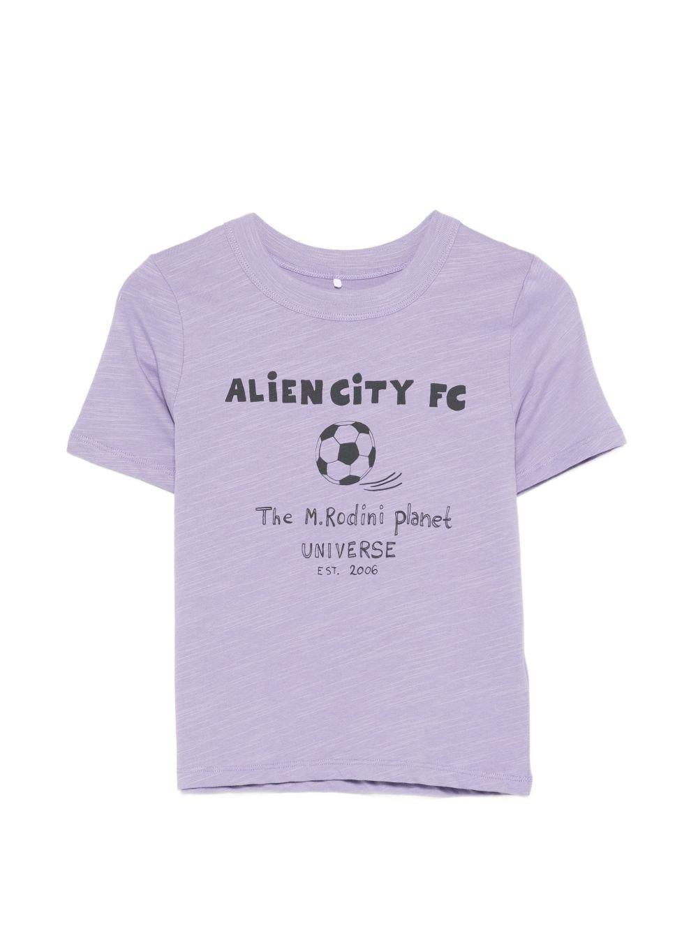 T-shirt per bambino Mini Rodini viola con stampa "Alien City FC" sul davanti 26220117 PURPLE MINI RODINI KIDS 