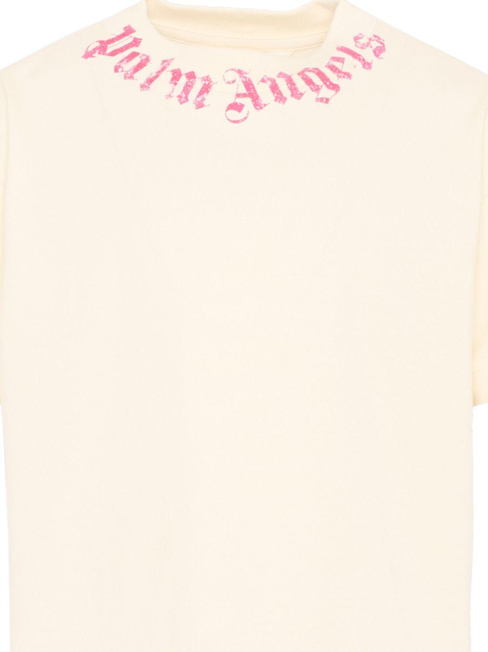 T-shirt per bambina Palm Angels Kids bianco con logo fucsia sul davanti PGAA002S26JER005 002 PALM ANGELS KIDS 
