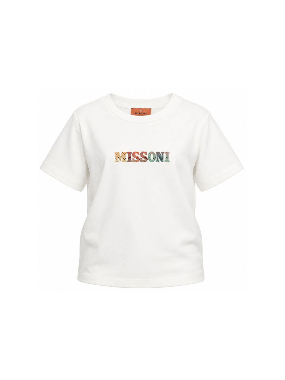 T-shirt per bambini Missoni Kids bianca con scritta logo multicolore MZ8H31 Z3672 102 MISSONI KIDS 