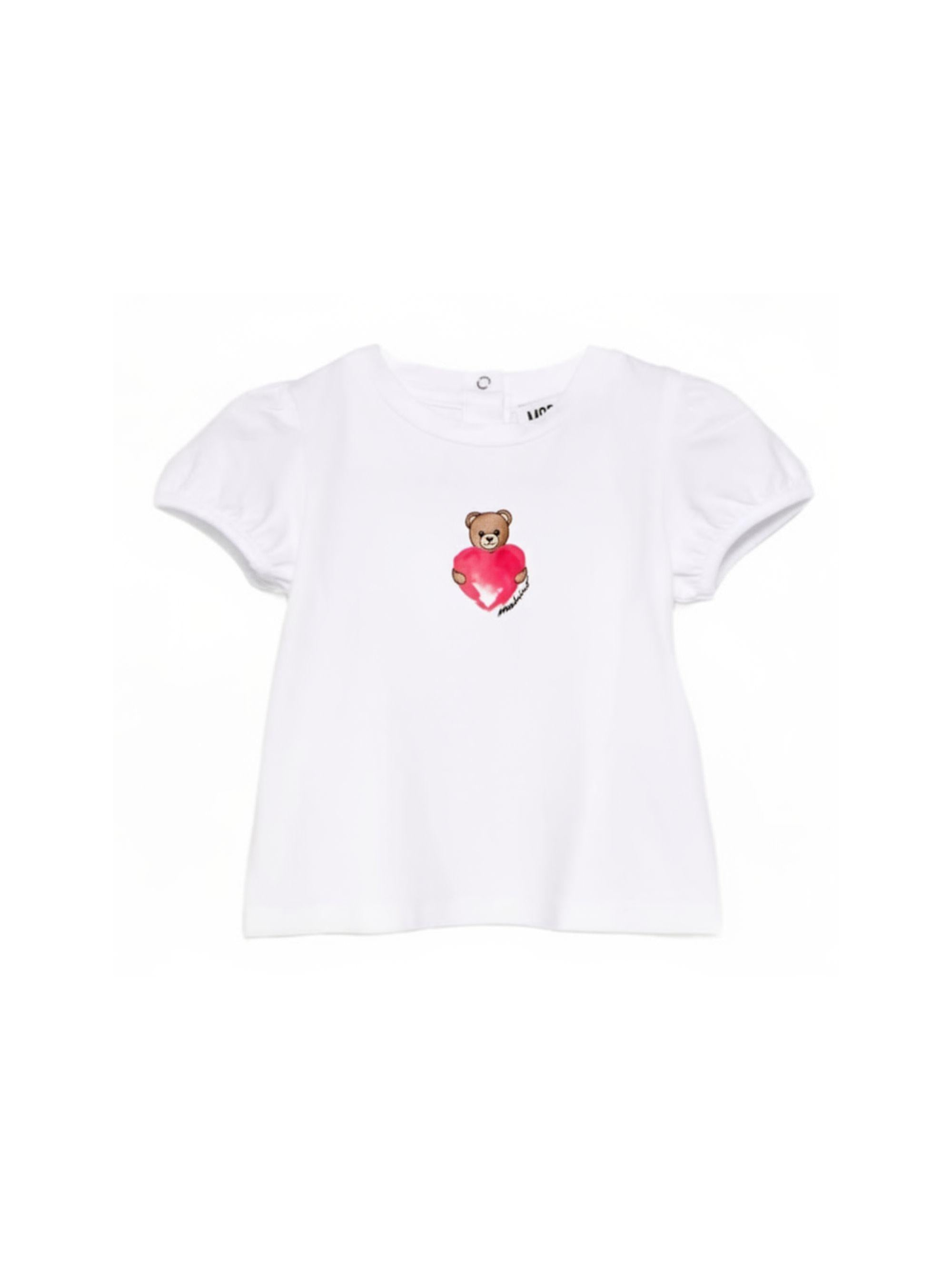 T-shirt per neonata Moschino Kids bianca con stampa Teddy Bear con cuore MLM02BLBA00 10101 MOSCHINO KIDS 