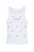 Canotta per bambina MC2 Saint Barth Kids azzurra con fragole ricamate all-over BLUE002 02269L MC2 ST. BARTH KIDS 