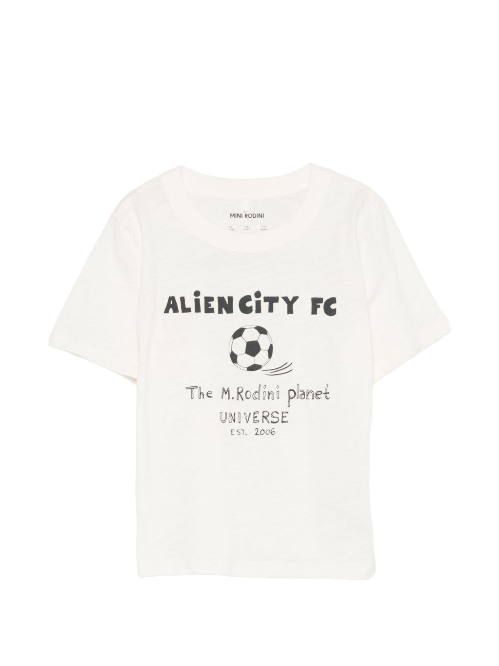 T-shirt per bambino Mini Rodini bianca con scritta "Alien city FC" sul davanti 26220117 OFF WHITE MINI RODINI KIDS 
