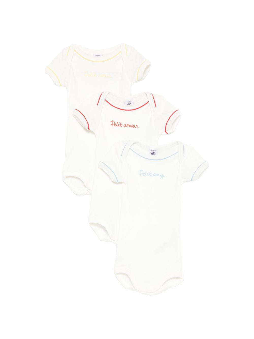 Set tre body per neonato Petit Bateau multicolore a maniche corte con dettagli ricamato A0FQA 00 PETIT BATEAU 