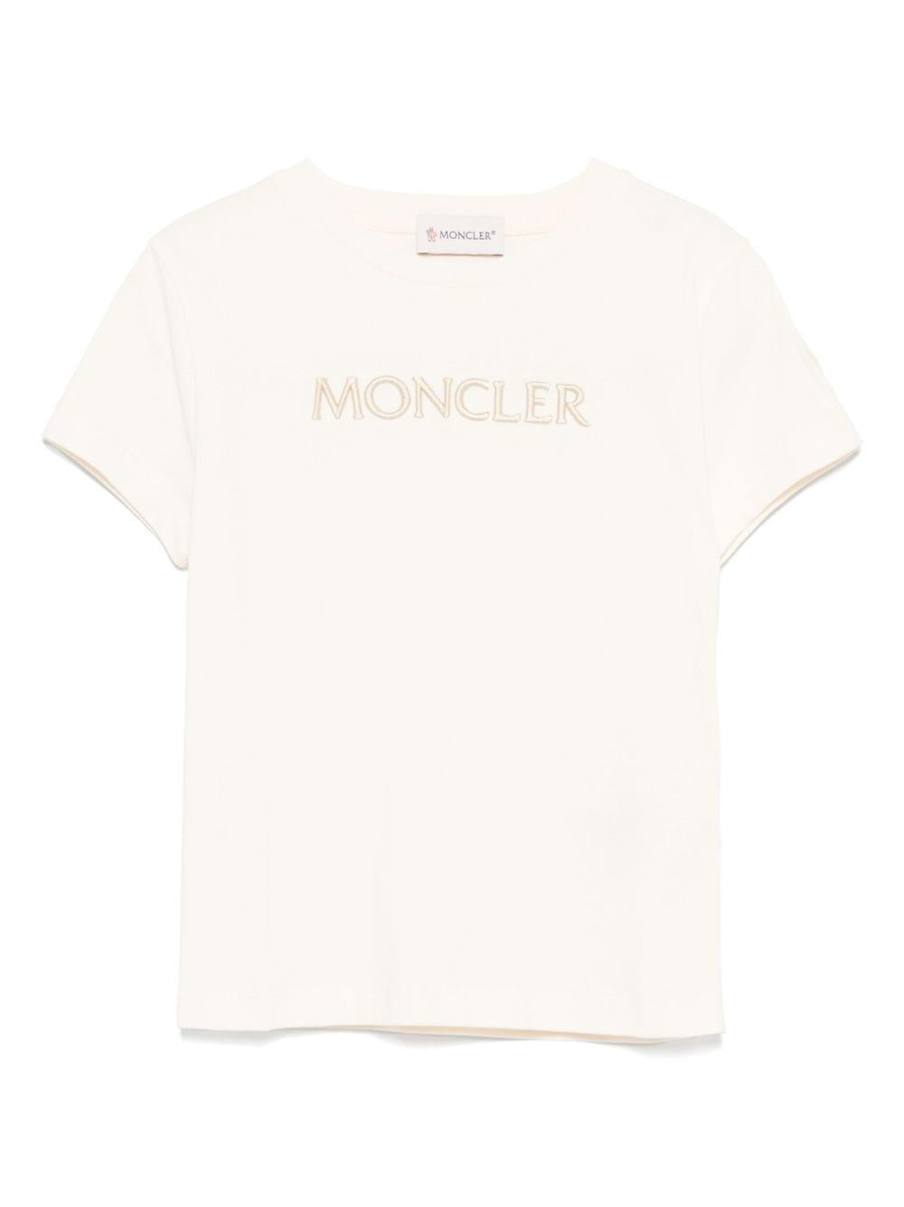 T-shirt per bambina Moncler Enfant beige chiaro con logo ricamato sul davanti K29548C0001689AT9 050 MONCLER ENFANT 