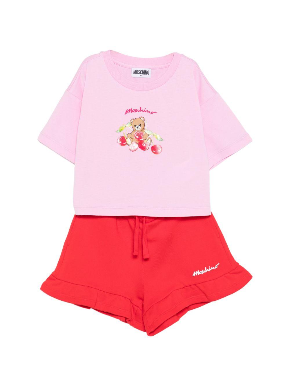 Set t-shirt con shorts per bambina Moschino Kids rosa con stampa HDG01NLCA52 83688 MOSCHINO KIDS 