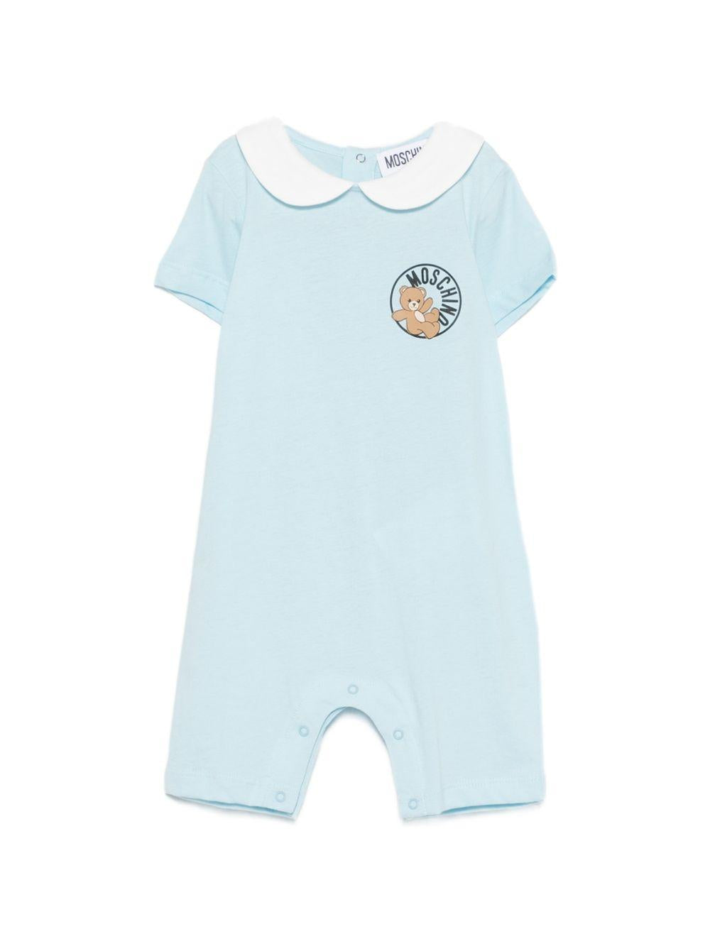 Tutina per neonato Moschino Kids azzurra con stampa logo MMY03YLAA03 40304 MOSCHINO KIDS 
