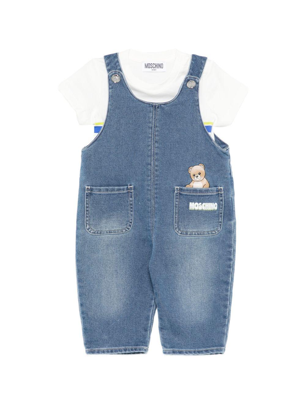 Set t-shirt e salopette per neonato Moschino Kids denim con orsetto sul davanti MUG01PLDE17 83454 MOSCHINO KIDS 