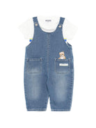 Set t-shirt e salopette per neonato Moschino Kids denim con orsetto sul davanti MUG01PLDE17 83454 MOSCHINO KIDS 
