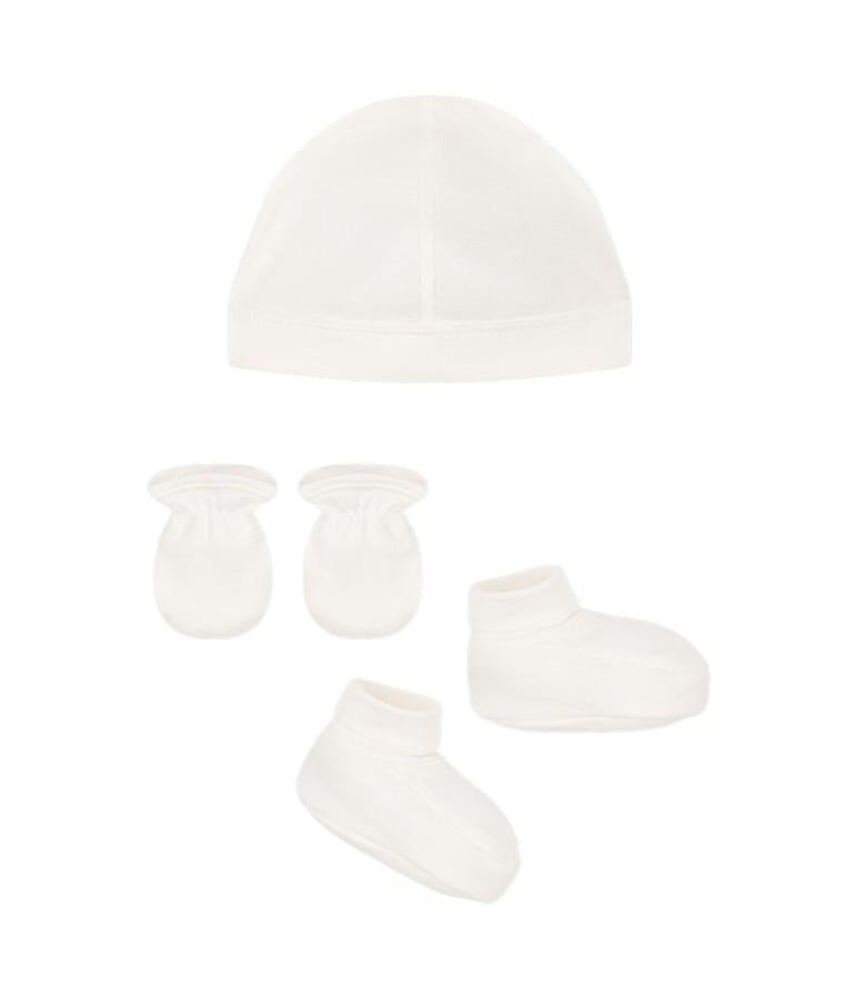 Set cuffietta nascita, muffole e babbucce per neonati Petit Bateau bianco con logo sul davanti A0AS0 00 PETIT BATEAU KIDS 